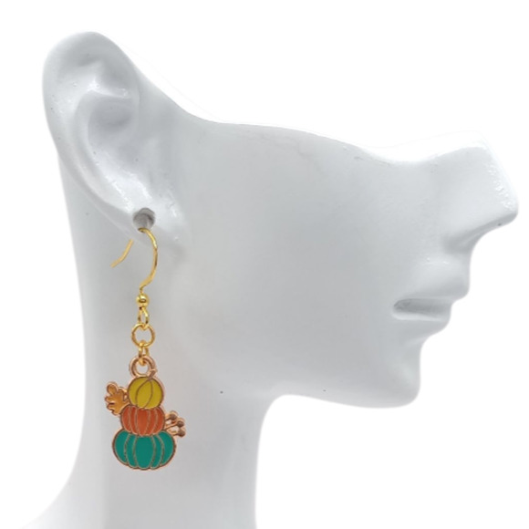 Stacked Pumpkin Earrings | Fall Autumn Thanksgiving Cozy Dangle Jewelry - Picture 2 of 4